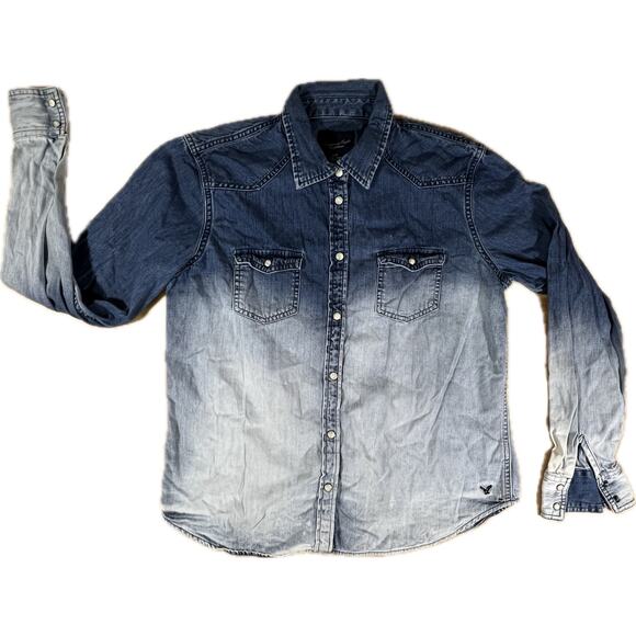 American Eagle Ombre Blue Denim Shirt Western Pearl Snap Faded Mens Large - Picture 2 of 9